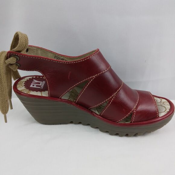 Fly London YOWN Dark Red Wedge Peep Toe Sandals Lace Up  Womens Size 38 US 7.5 8 - Picture 10 of 16
